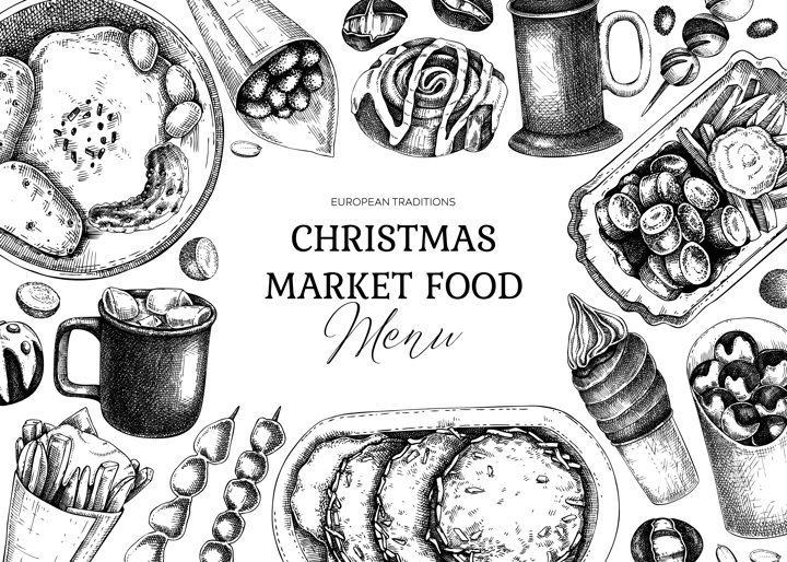 Street food and drink background. Traditional European Christmas market pastries, sweets, grilled meat, raclette, hot drinks sketches on chalkboard. Hand-drawn vector illustration. Fast food menu